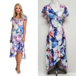 Kate & Mallory Knit Chiffon Flutter Sleeve Ruffle Detail Hi-lo Dress S